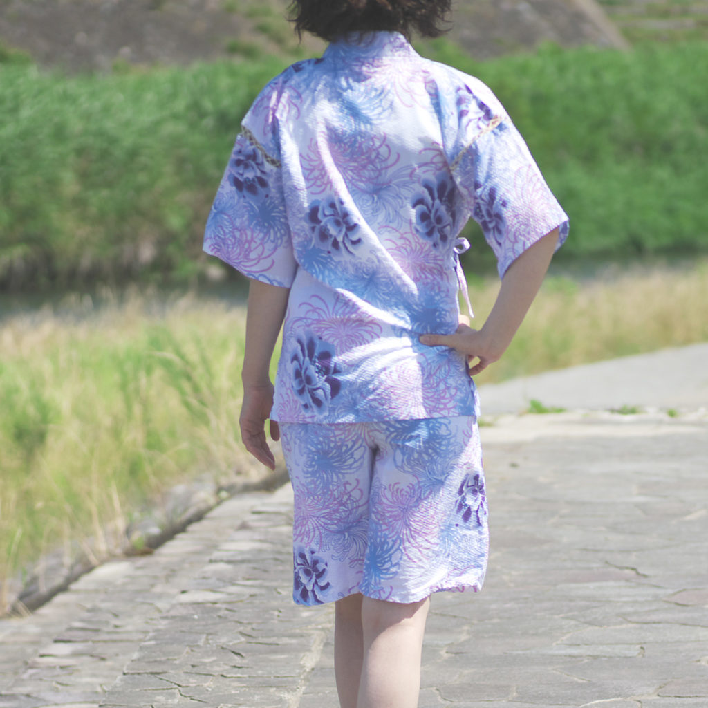 女性用 甚平 菊柄ブルー フリーサイズ-2